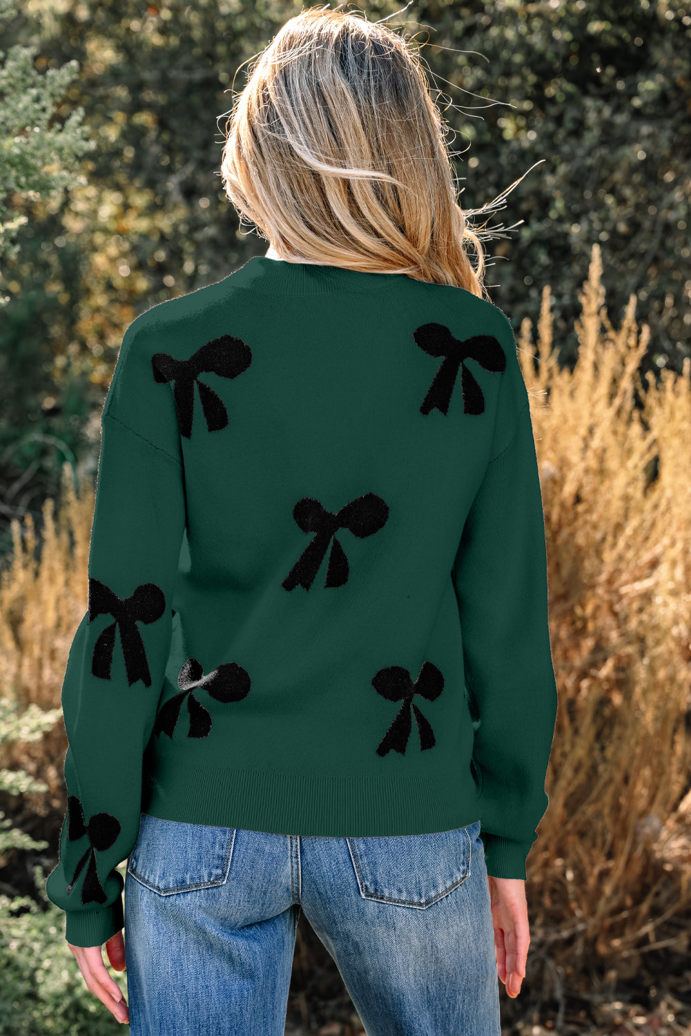 Blackish Green Pearl Embellished Bow Pattern Loose Sweater 3 colors