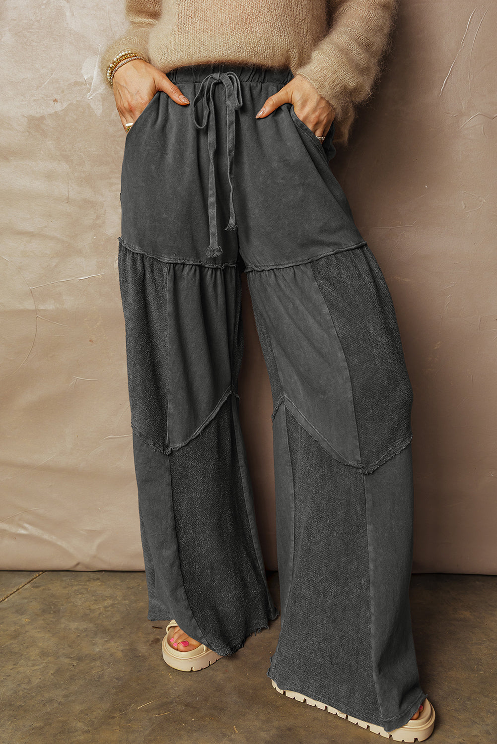 Black Mineral Wash Tiered Wide Leg Patchwork Drawstring Pants 3 colors