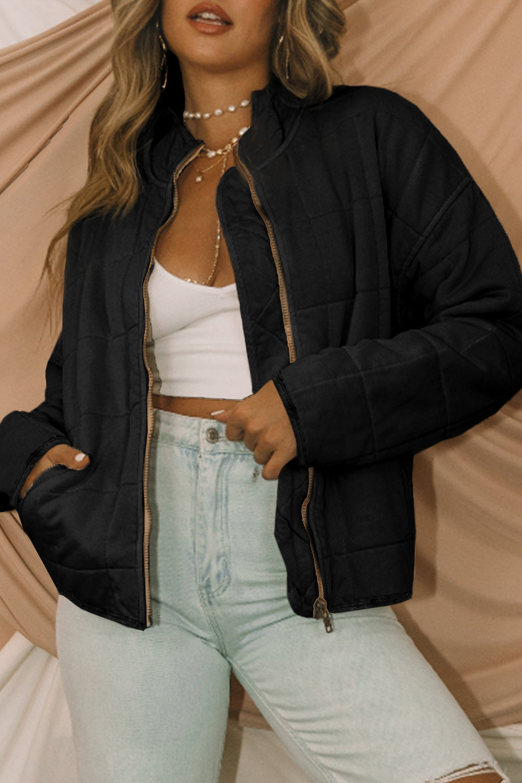 Green or Black Zip-Up Pocket Quilted Jacket