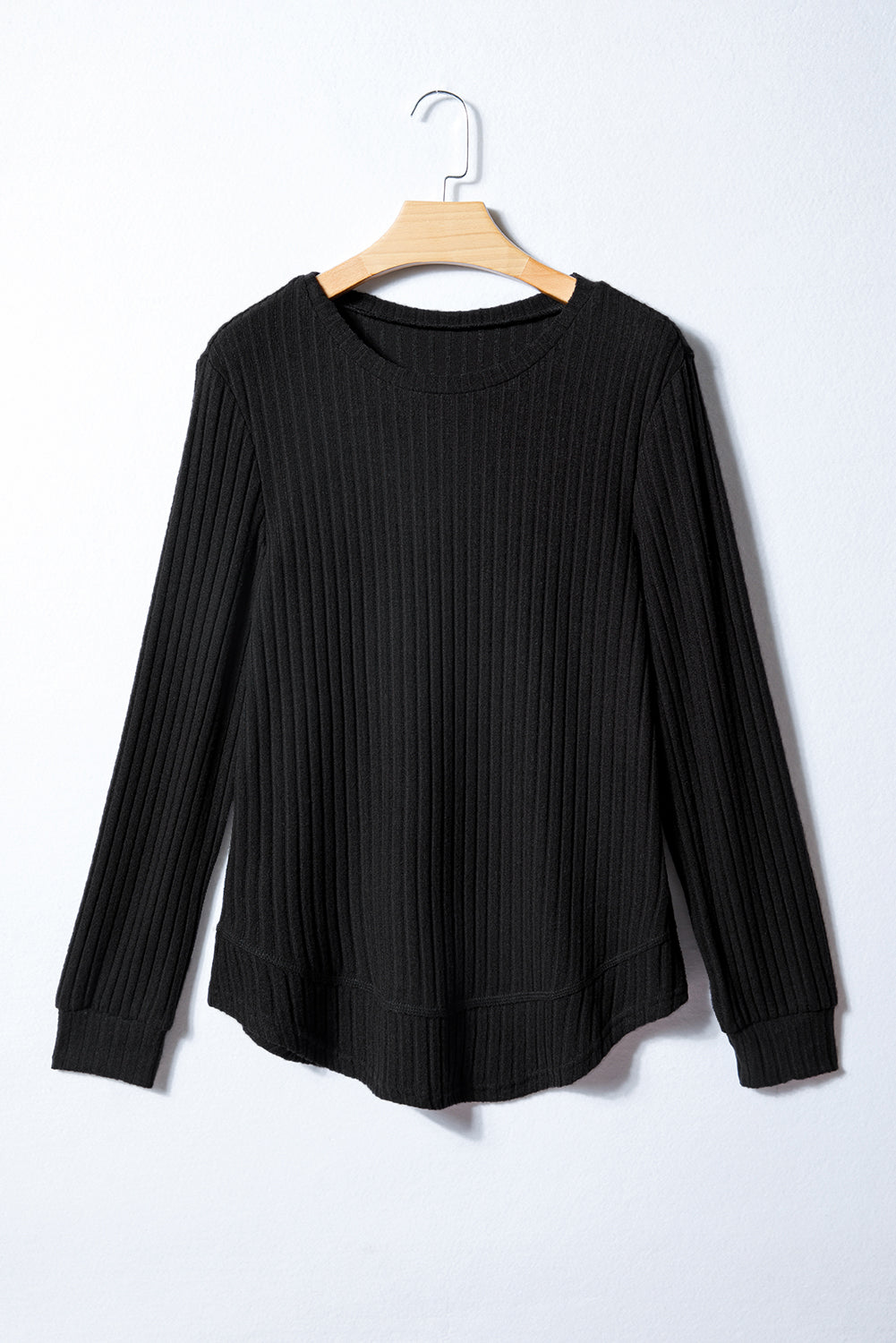 White Ribbed Texture Round Neck Long Sleeve Rounded Hem Knit Top