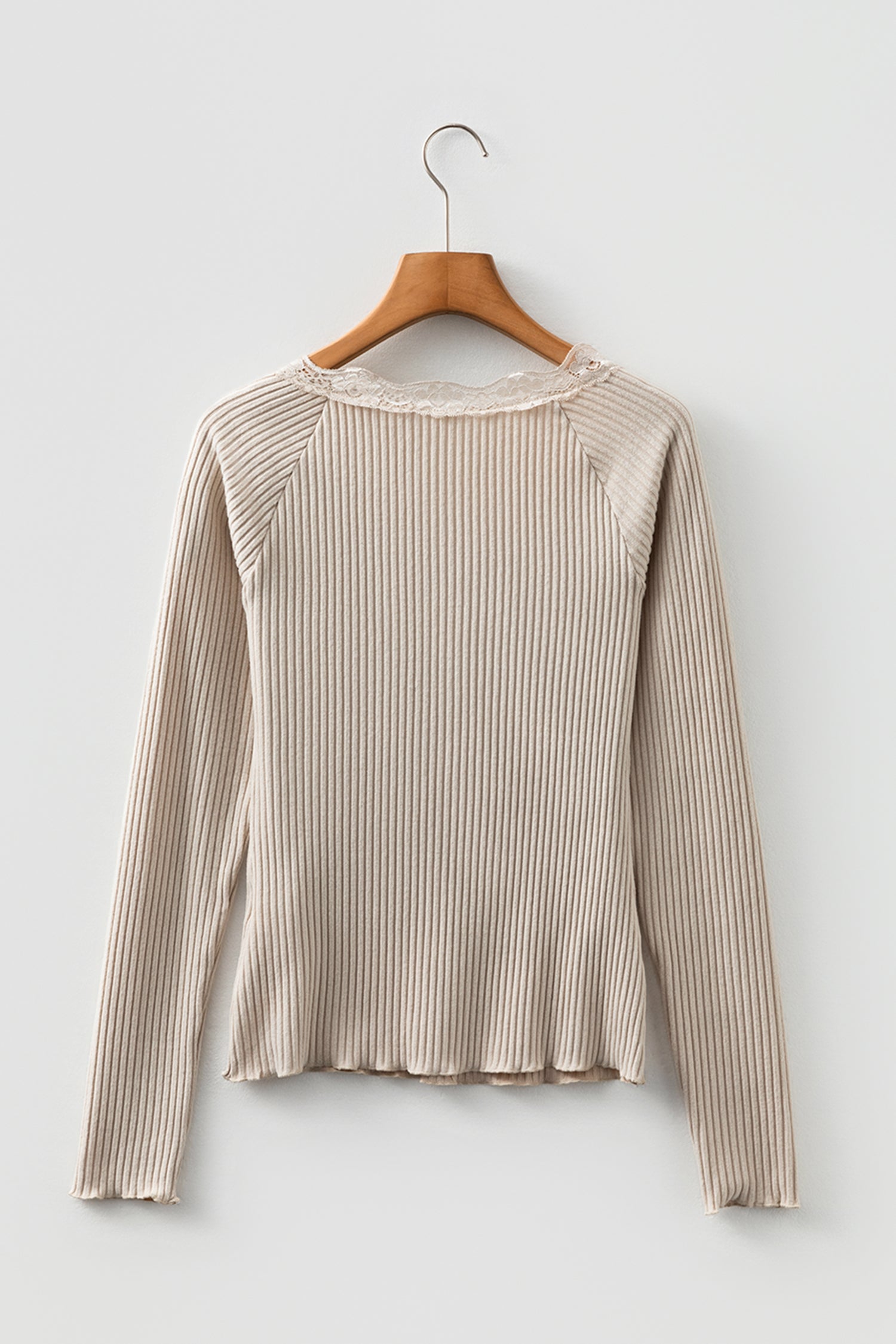 Beige Lace Neckline Button Decor Lettuce Edge Long Sleeve Ribbed Top