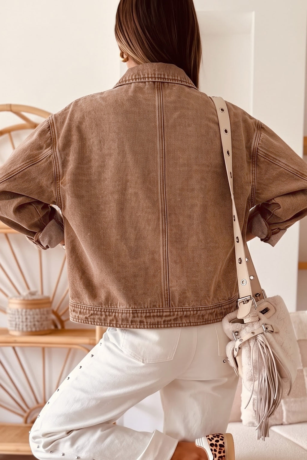 Coffee Studded Metal Zipper Rivet Pockets Long Sleeve Denim Jacket