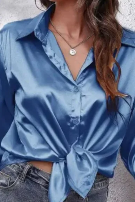 Dusty Blue Silk Satin Button Down Blouse
