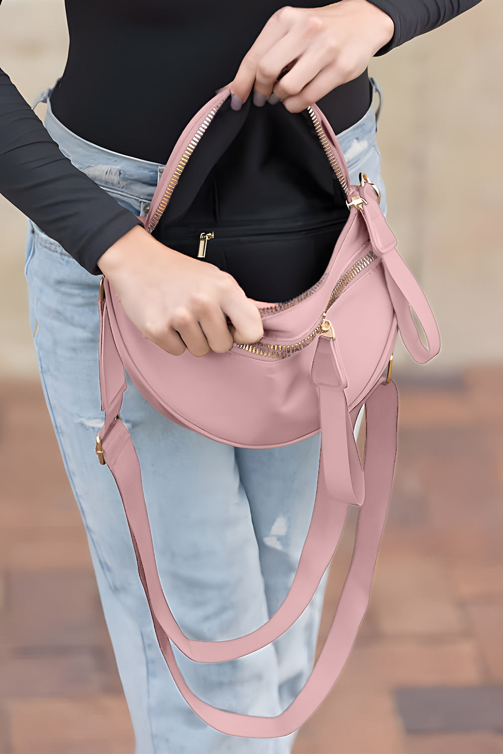 Wisteria Double Zip Crescent Shape Adjustable Sling Bag