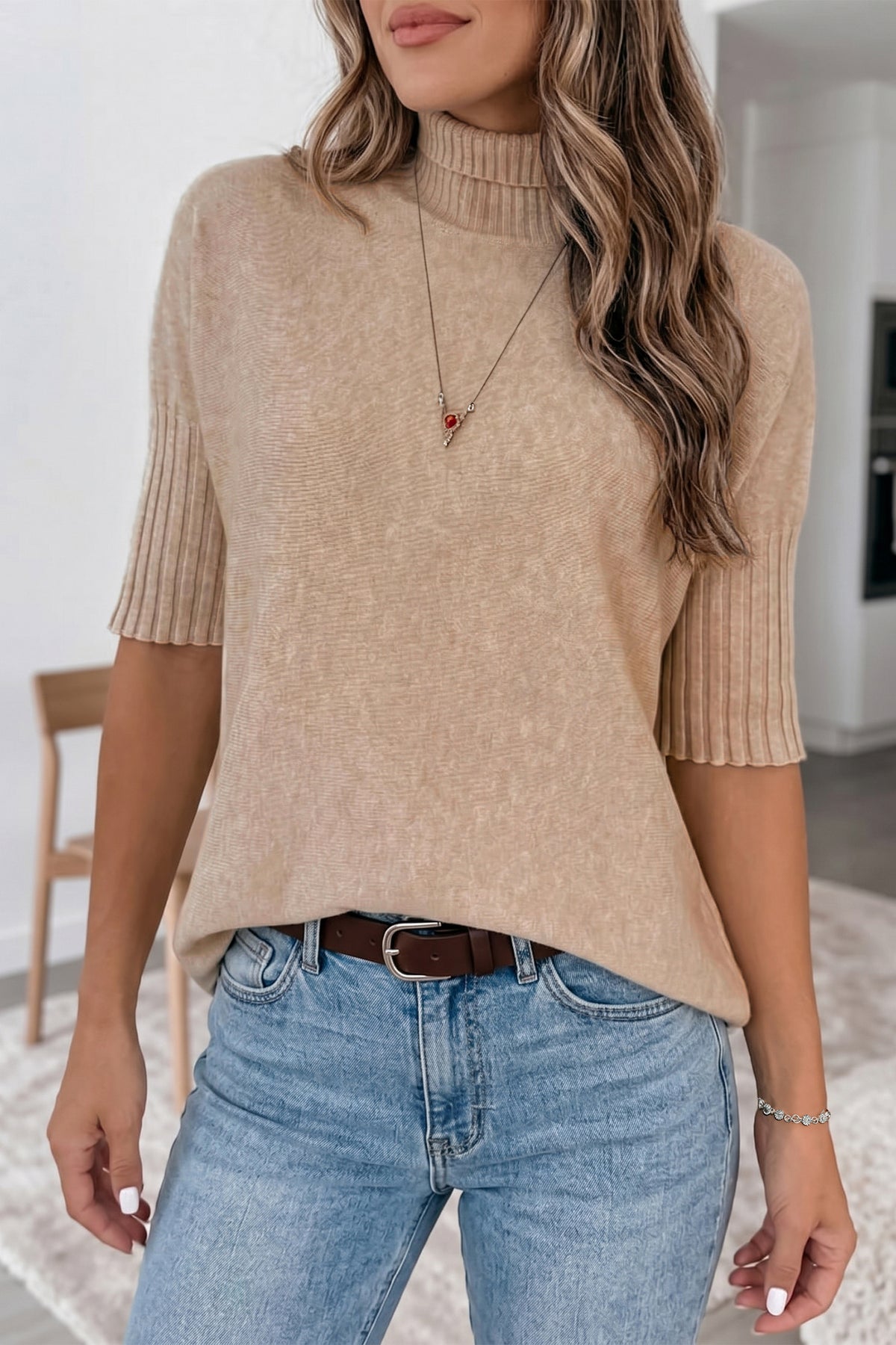 Dark Brown Ribbed Trim High Neck Short Sleeve Casual Sweater