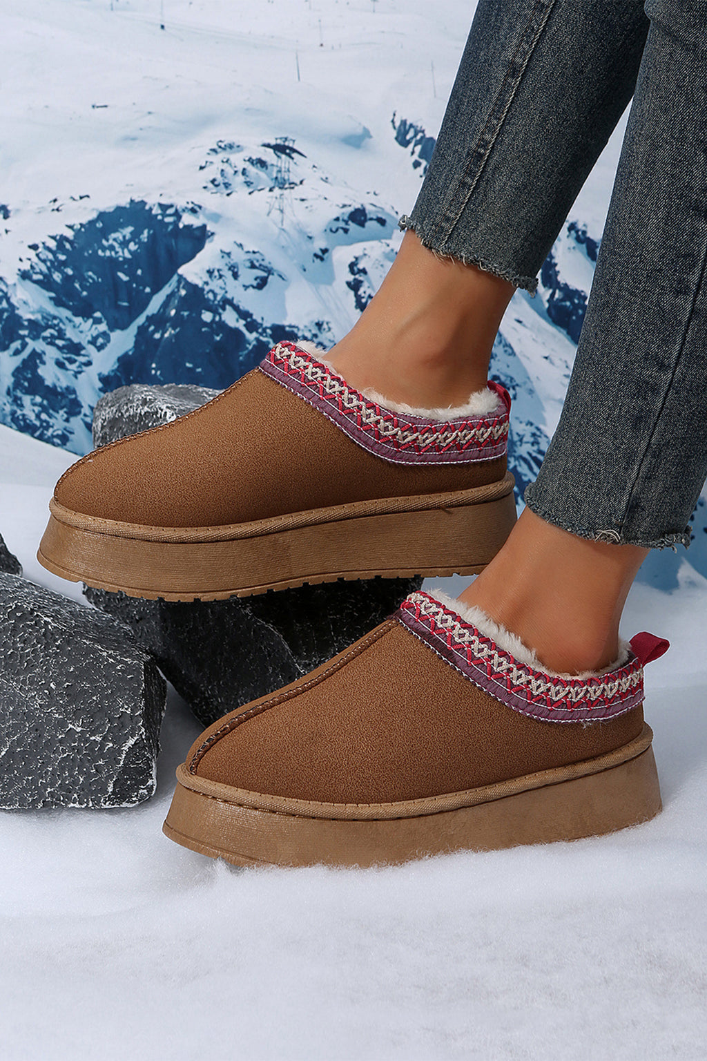 Contrast Print Suede Plush Lined Snow Boots 3 Colors
