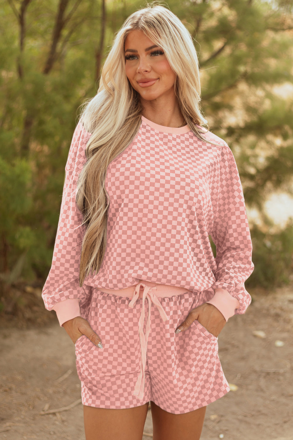 Brown Checkerboard Long Sleeve Pullover and Shorts Set