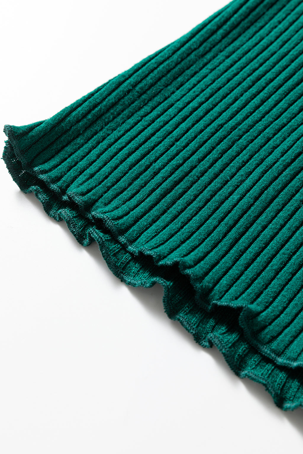 Beige Lace Neckline Button Decor Lettuce Edge Long Sleeve Ribbed Top