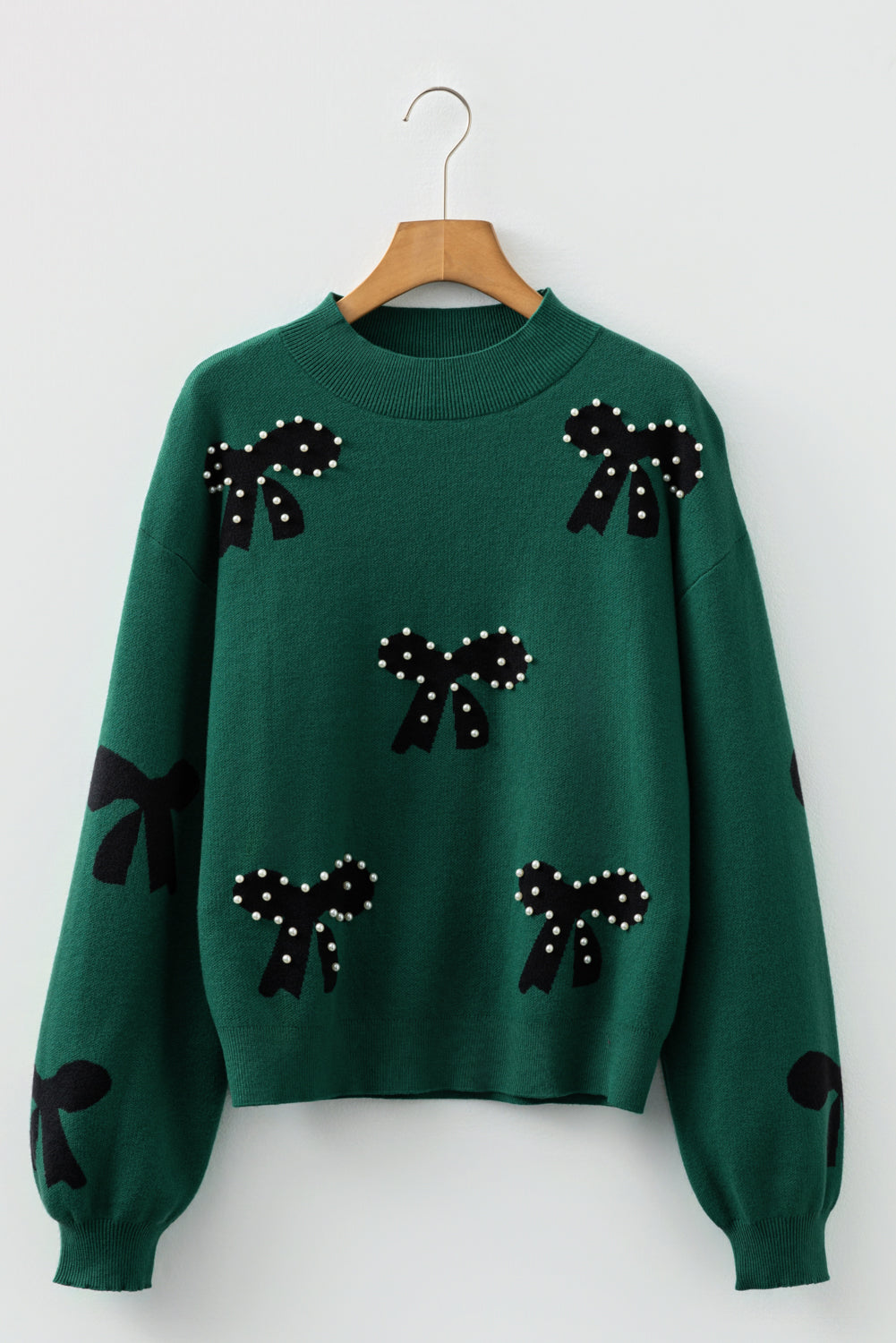 Blackish Green Pearl Embellished Bow Pattern Loose Sweater 3 colors