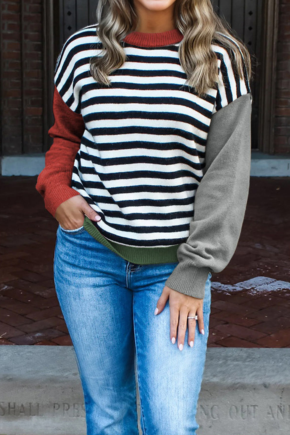 Gray Striped Panels Colorblock Sleeve Chic Sweater