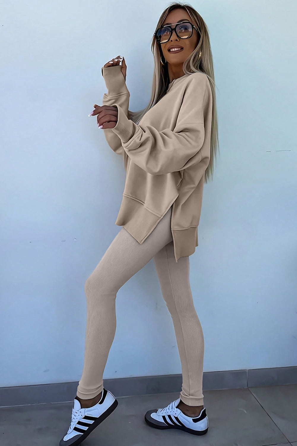 Green Bay Solid Color Oversize Slit Sweatshirt Ribbed Leggings 2pcs Set