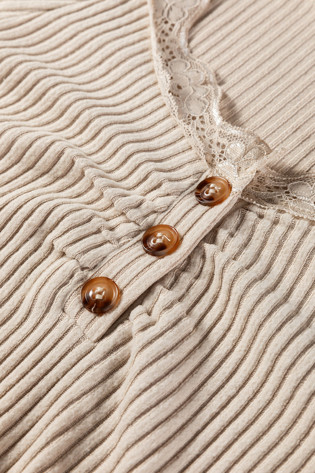Beige Lace Neckline Button Decor Lettuce Edge Long Sleeve Ribbed Top
