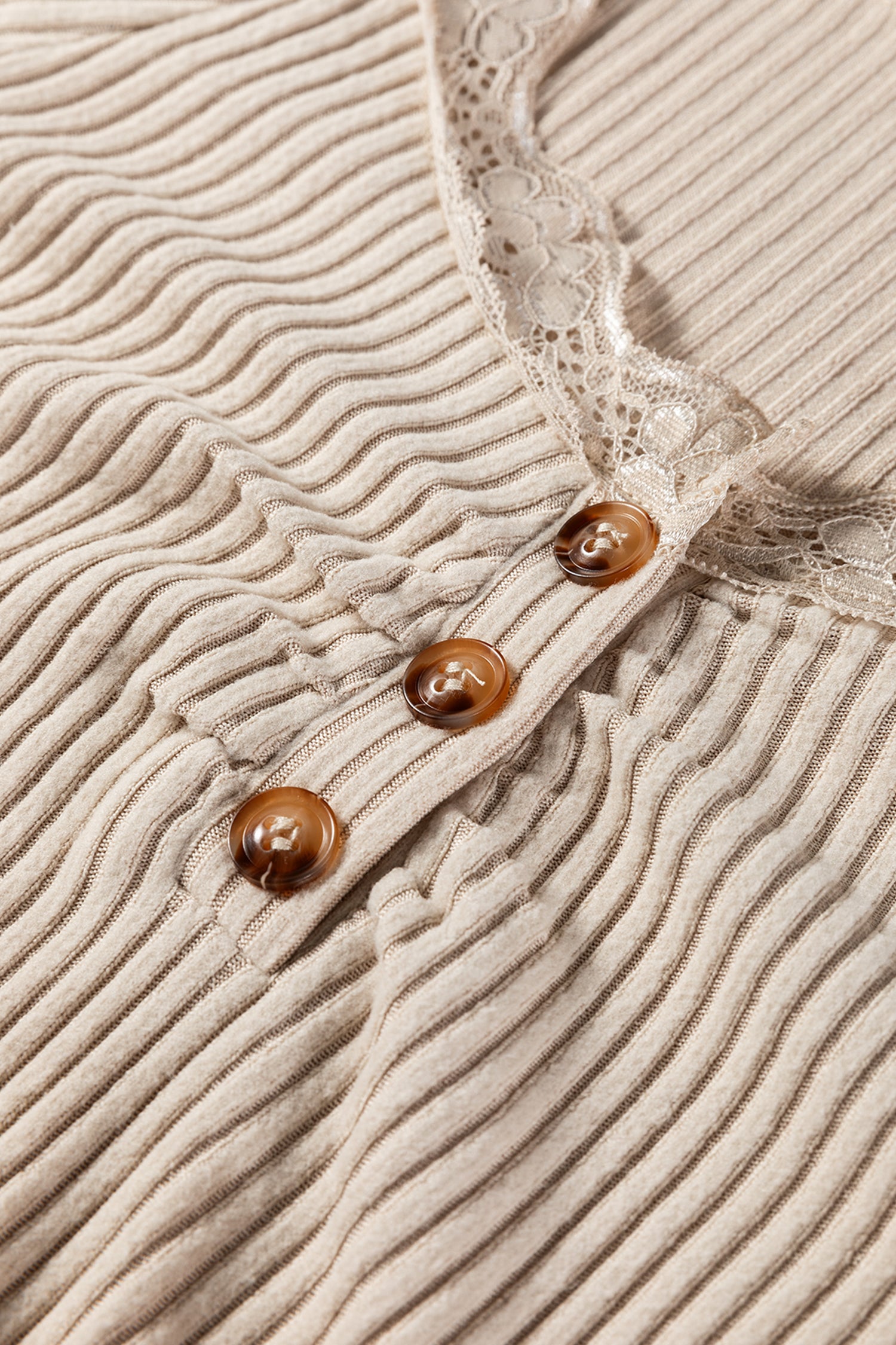 Beige Lace Neckline Button Decor Lettuce Edge Long Sleeve Ribbed Top