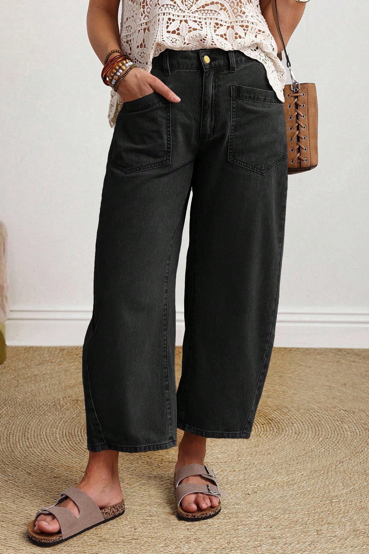 Coffee Solid Color Square Patch Pocket Ankle-length Barrel Jeans