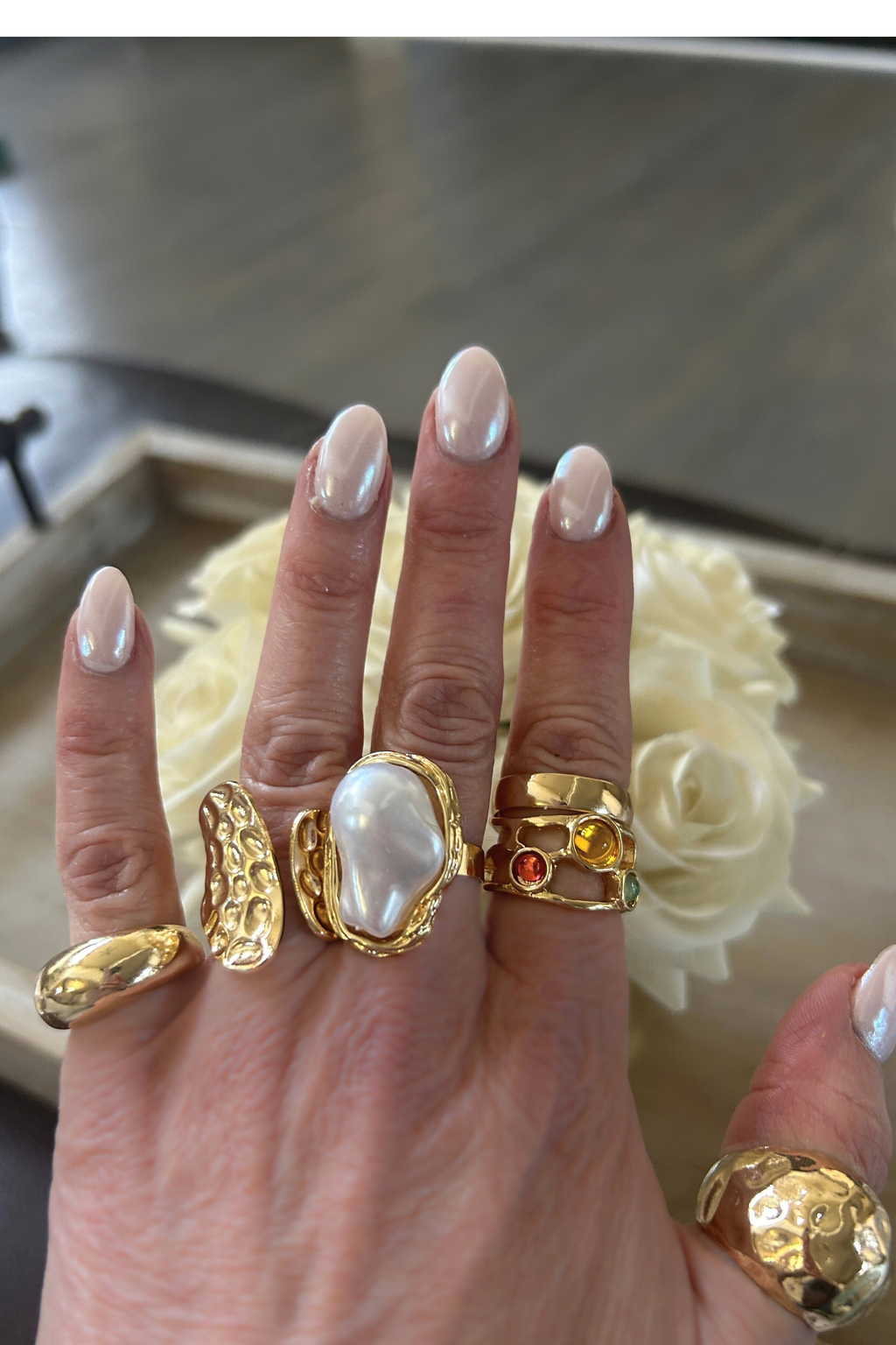 Boho Stacking Pearl Multi Colored Stone Gold 6 piece Ring Set