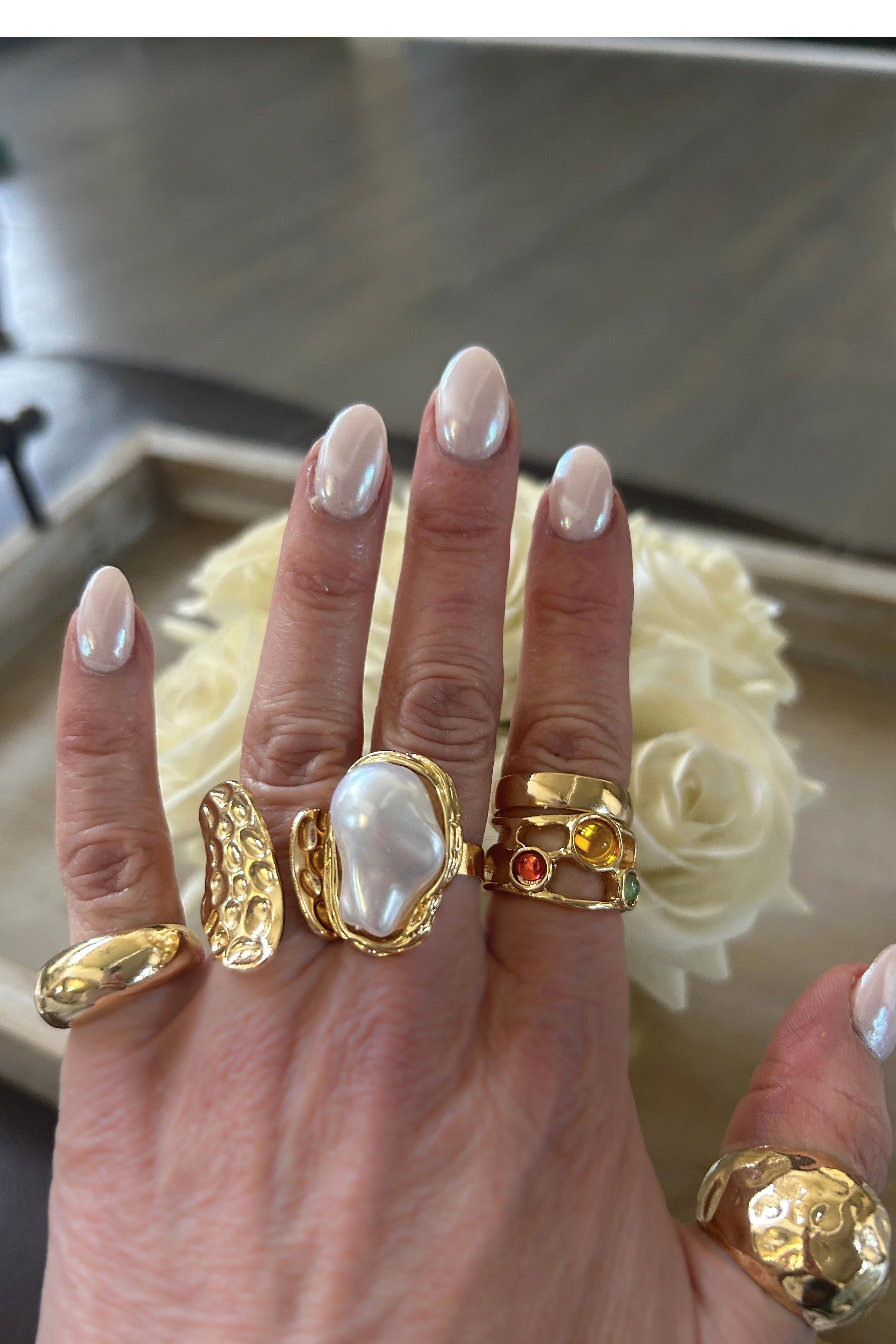 Boho Stacking Pearl Multi Colored Stone Gold 6 piece Ring Set