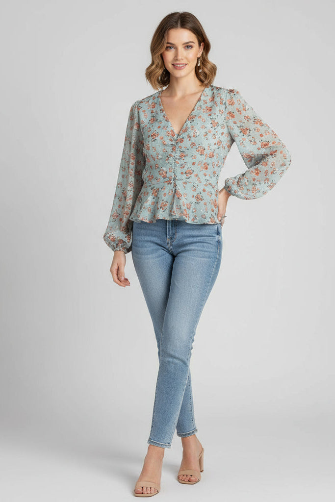 Sugarlips Mint Floral Peplum Ruched Blouse