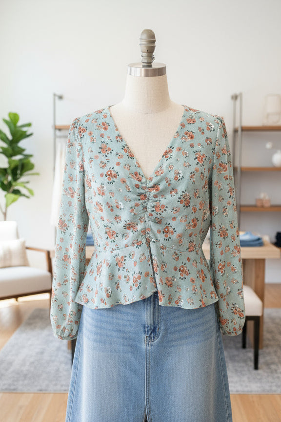 Sugarlips Mint Floral Peplum Ruched Blouse