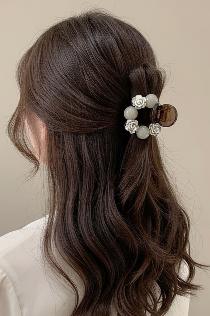 Gray and White Floral Rose Hair Clip