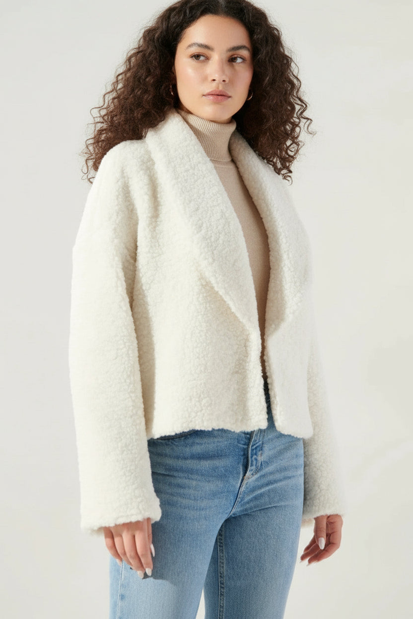 Sugar Lips White Faux Sherpa Shawl Collar Jacket