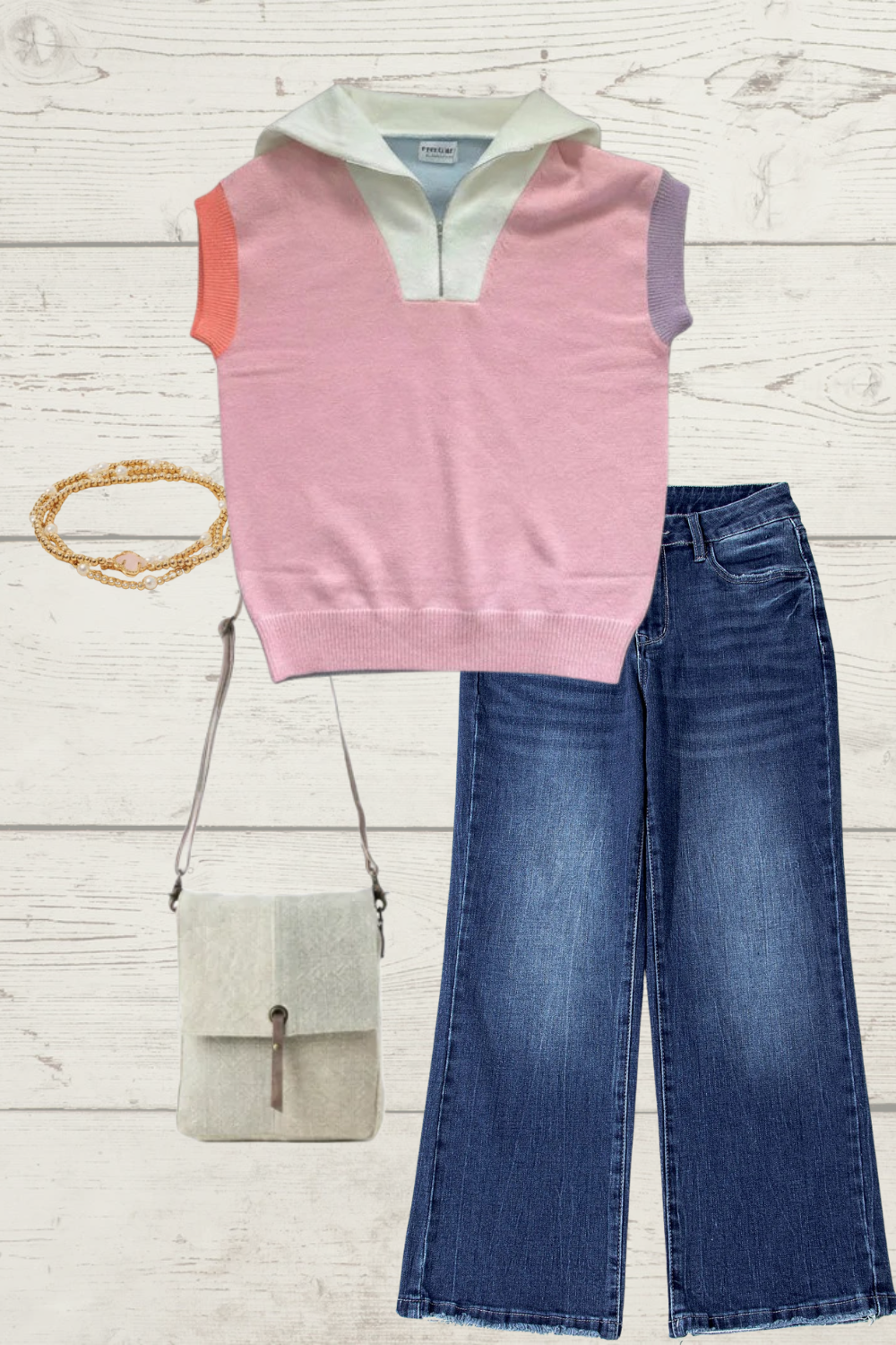 First Love by Lovlyn Pink Multicolor Short Sleeve Pink Quarter Zip Collared Spring Preppy Sweater