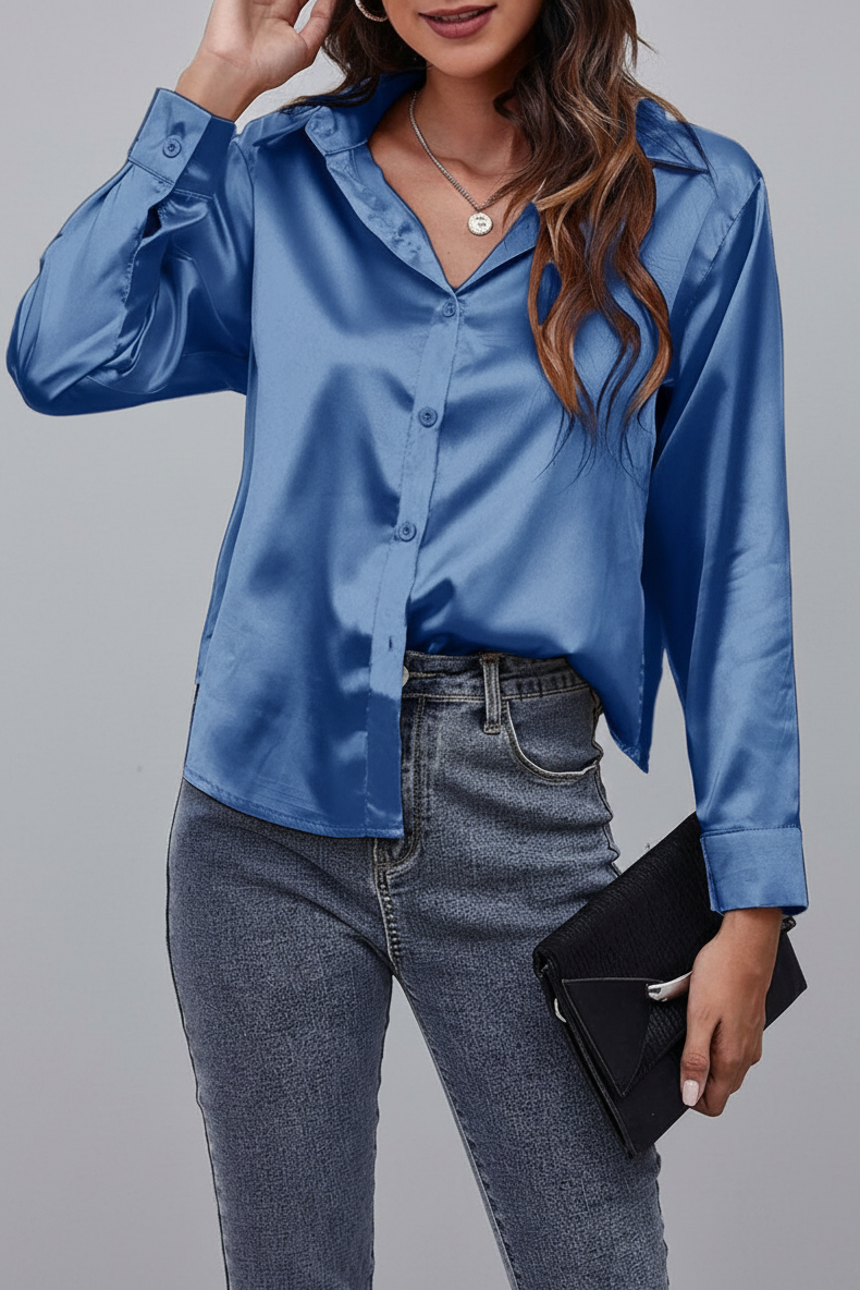 Dusty Blue Silk Satin Button Down Blouse
