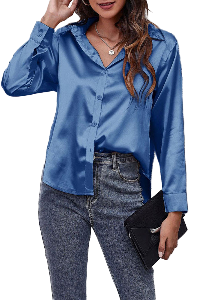 Dusty Blue Silk Satin Button Down Blouse