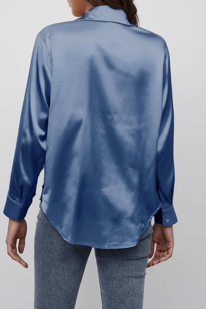 Dusty Blue Silk Satin Button Down Blouse